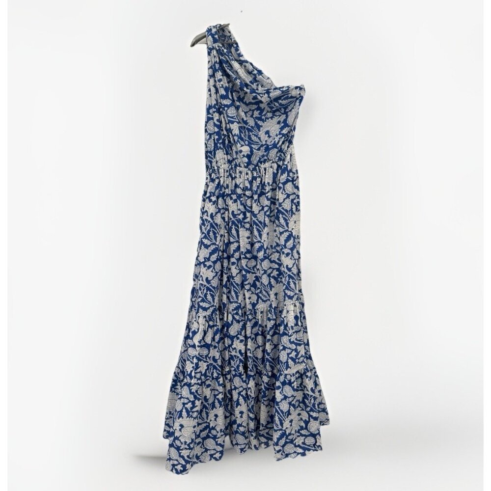 Charina Sarte Blue Botanica Floral Cotton One Shoulder Maxi Dress size S Small